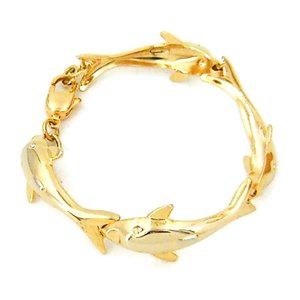Dolphin Link Bracelet Rhinestone Eyes 7.5" Gold Plated
